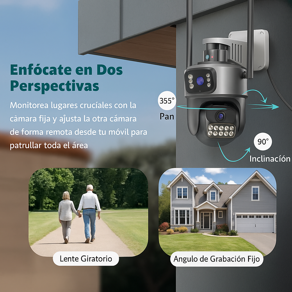 Cámara Doble Lente con IA, Visión Nocturna en Color